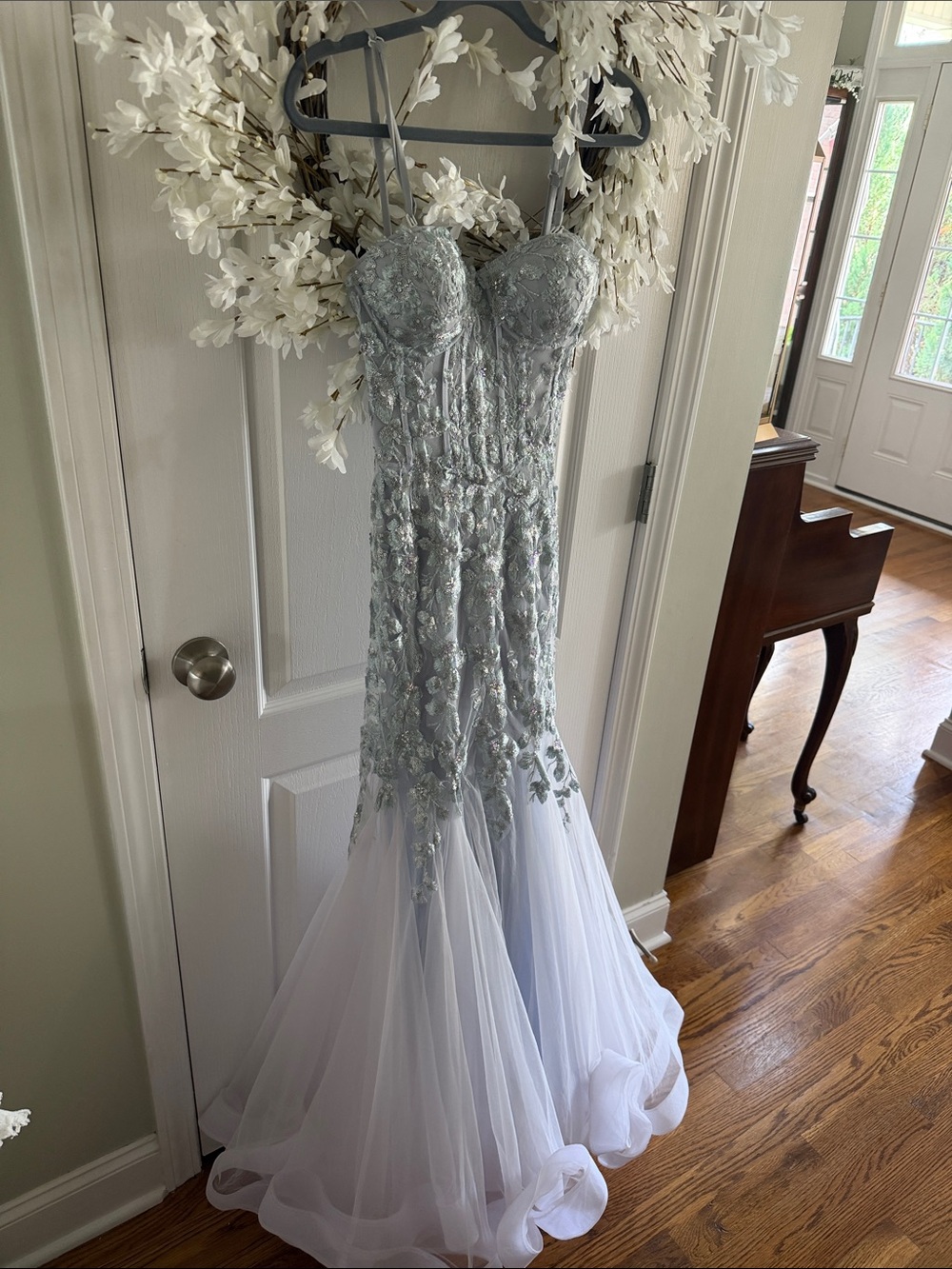 Jovani Silver Lace Appliqué Mermaid Gown
